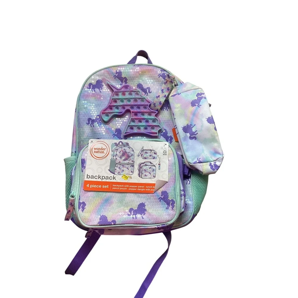 Wonder Nation Unicorn Backpack 4 Piece Set Popper Fidget‎ Sequin Rainbow 17 Inch